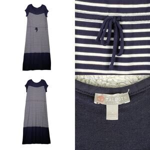 Talbots Maxi Dress Stretch Short Sleeve Size XL Striped Navy Blue White Modal